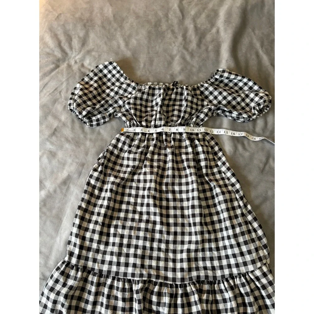 Black White Gingham Off Shoulder Puff‎ Sleeve Ruffle Tiered Mini Dress